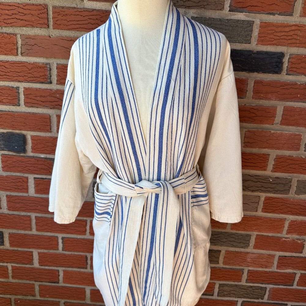 Home & Loft Ivory & Blue Short Bathrobe - Small - Premium Turkish Cotton
